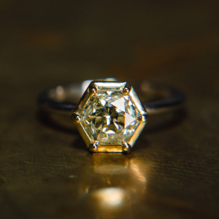 Antique Hexagon Diamond Ring in 18k Yellow Gold & Platinum