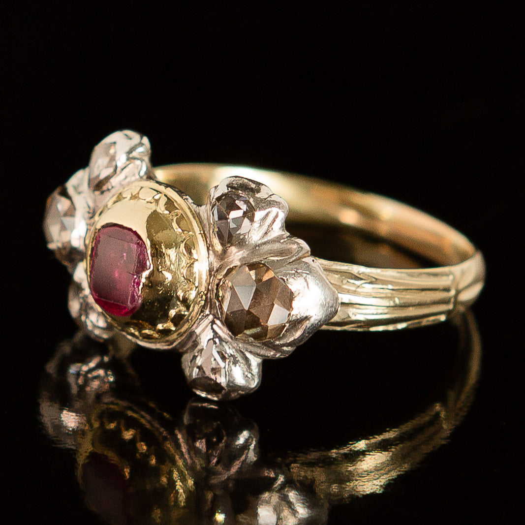 Georgian Table-Cut Ruby + Rose Cut Diamond Ring