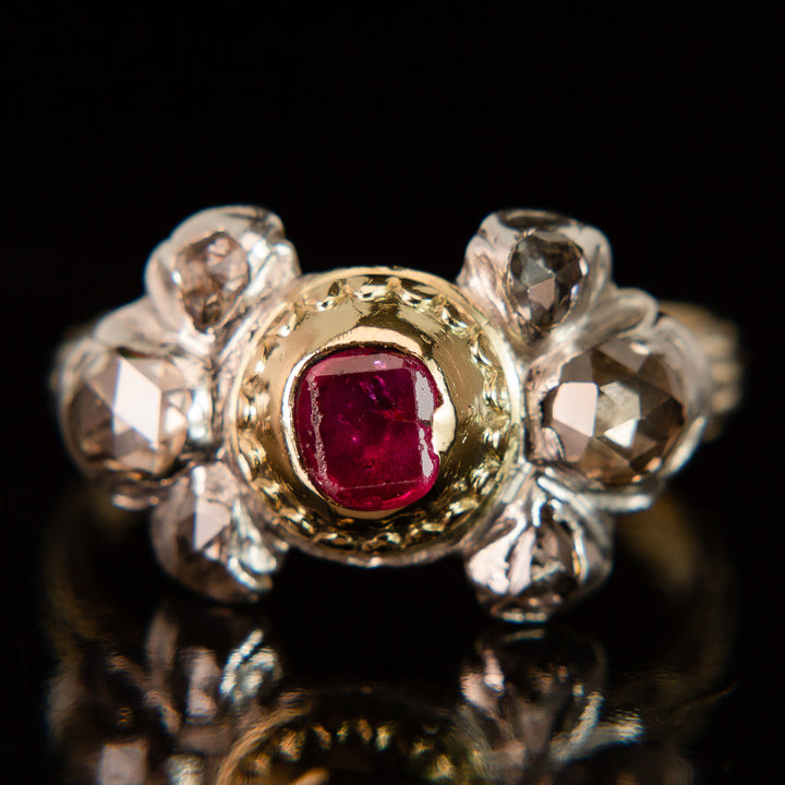 Georgian Table-Cut Ruby + Rose Cut Diamond Ring