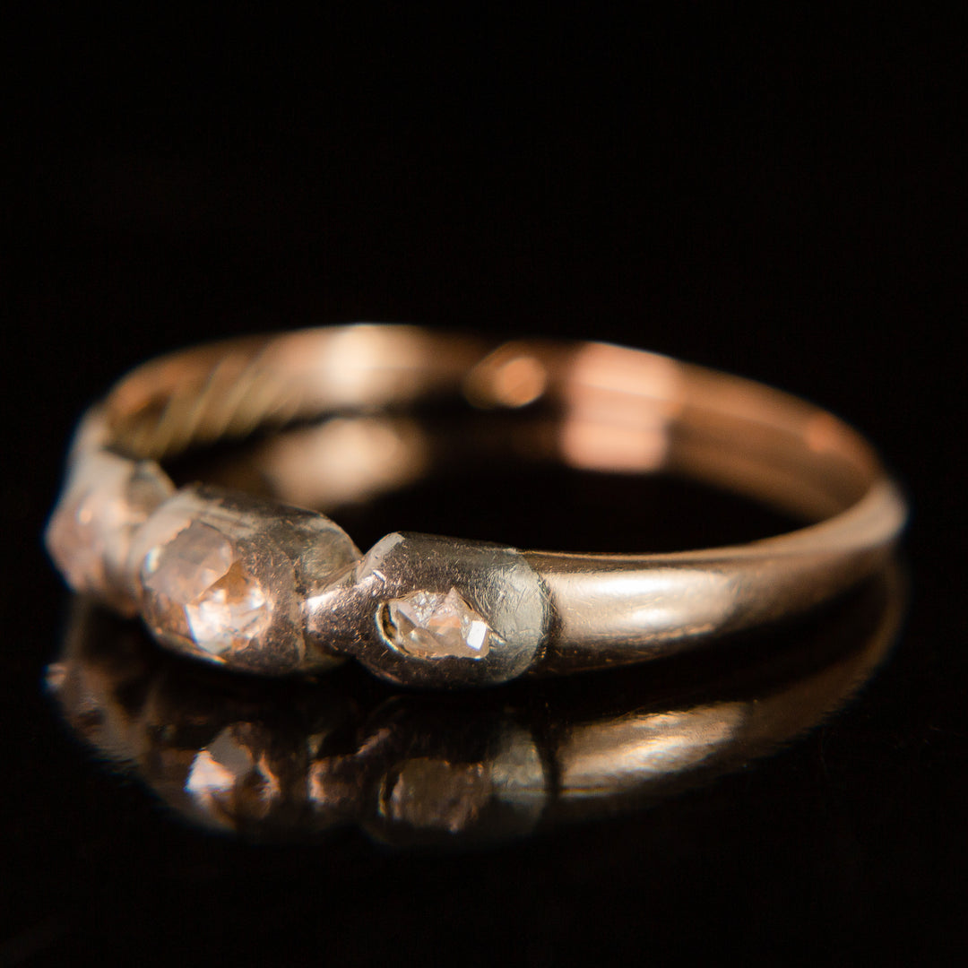 Late Georgian Trilogy Ring - Rose Cut Diamonds in 14k Gold + Sterling Silver c.1822