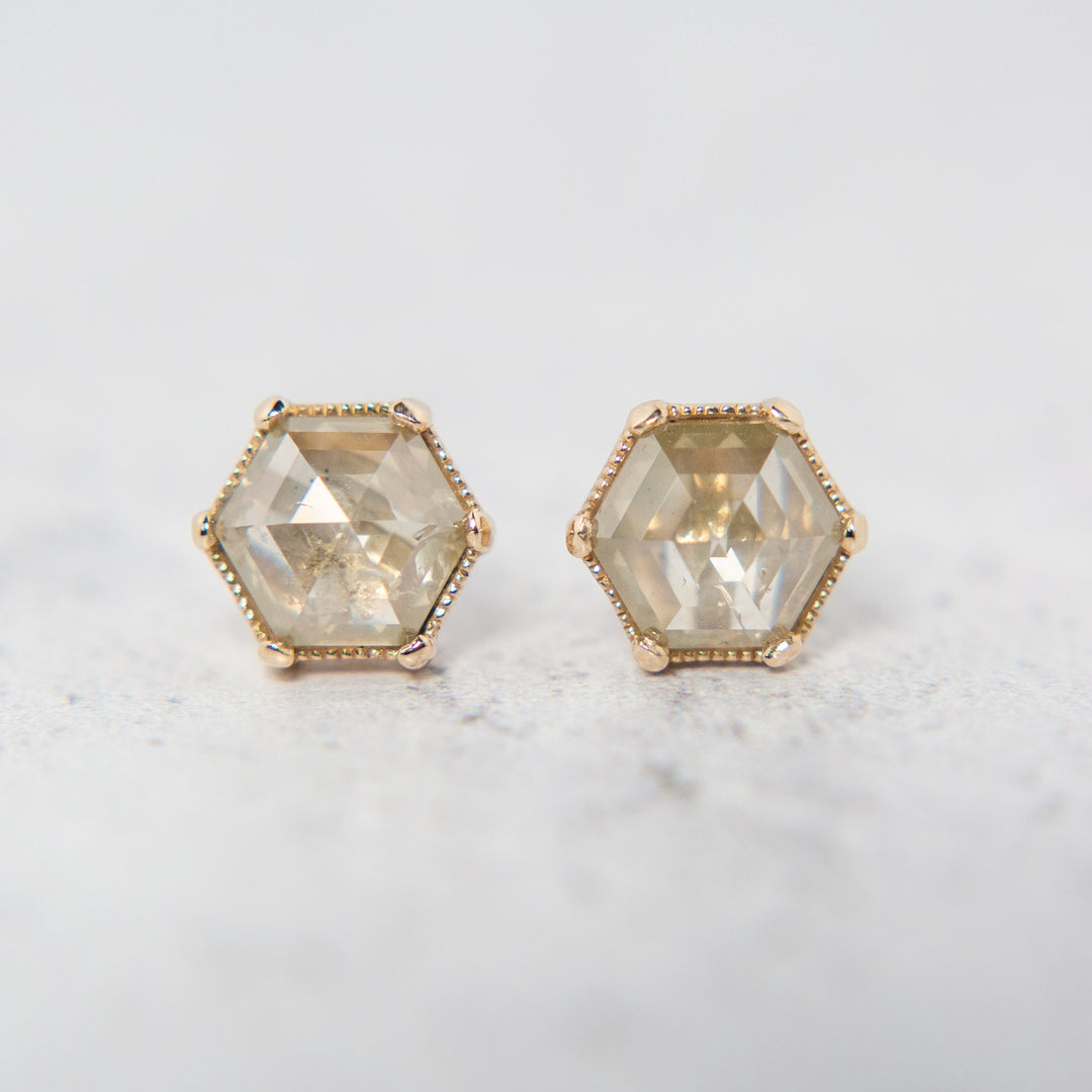 Hexagonal Rose Cut Salt + Pepper Diamond Stud Earrings