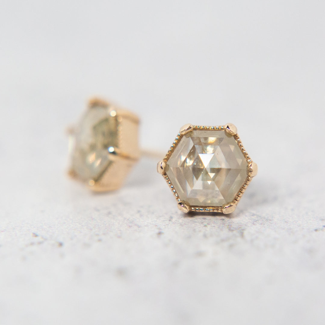 Hexagonal Rose Cut Salt + Pepper Diamond Stud Earrings