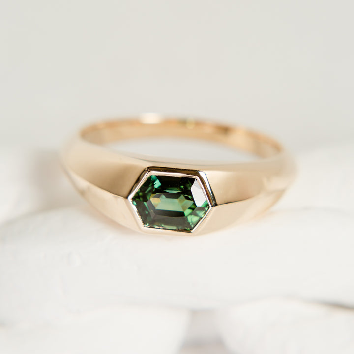Knife-Edge Signet Ring - Green-Blue Sapphire in 14k Yellow Gold