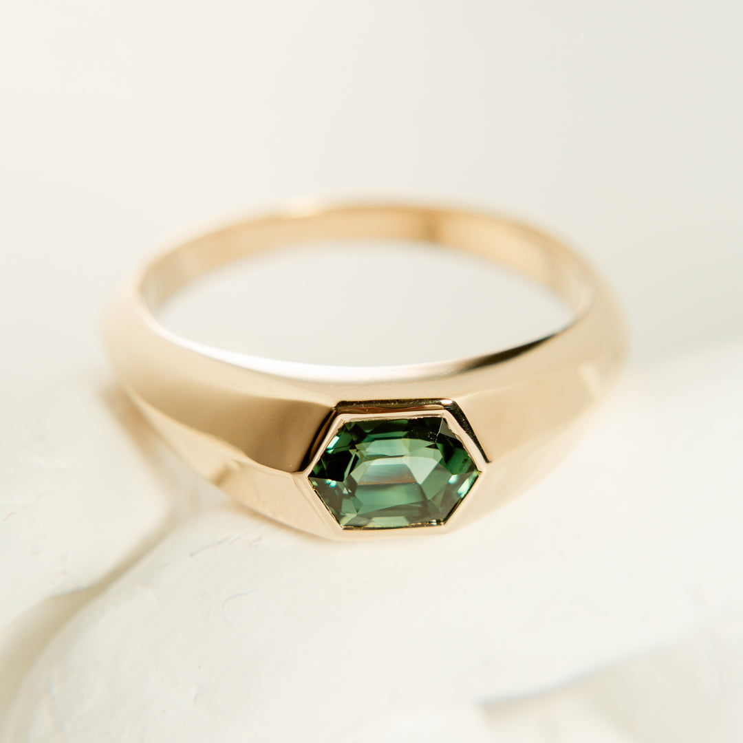 Knife-Edge Signet Ring - Green-Blue Sapphire in 14k Yellow Gold