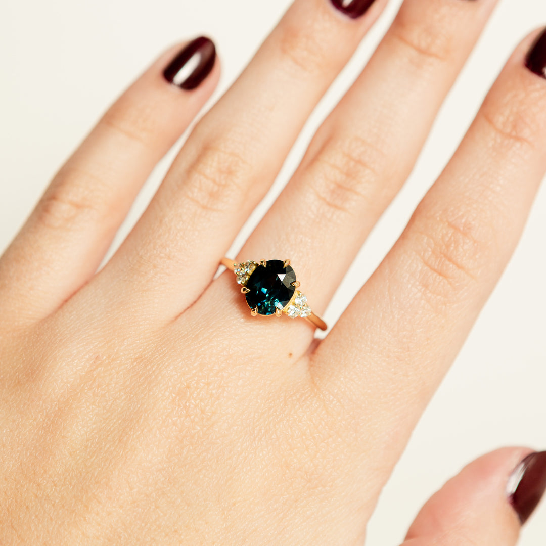 Teal Sapphire + Diamond Holly ring in 18k Yellow Gold