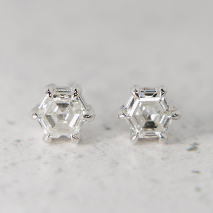 Hexagonal Step Cut Diamond Stud Earrings in 18k White Gold