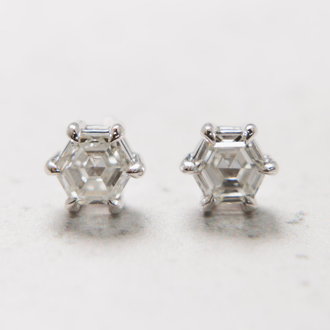Hexagonal Step Cut Diamond Stud Earrings in 18k White Gold