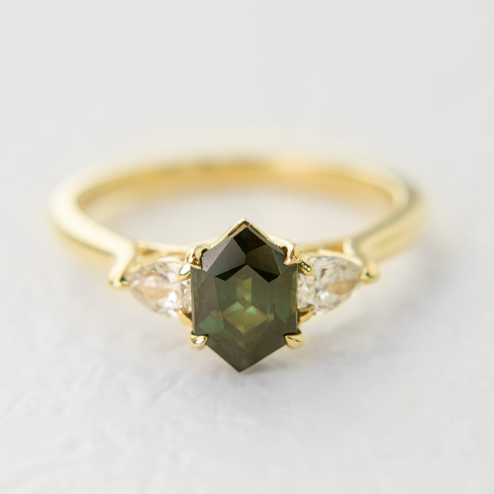 Hexagonal Sapphire & Pear Diamond Trellis Ring in 18k Yellow Gold