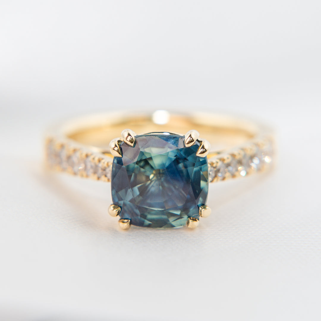 Cushion Sapphire Trellis Ring with Grey Diamonds in 18k Gold