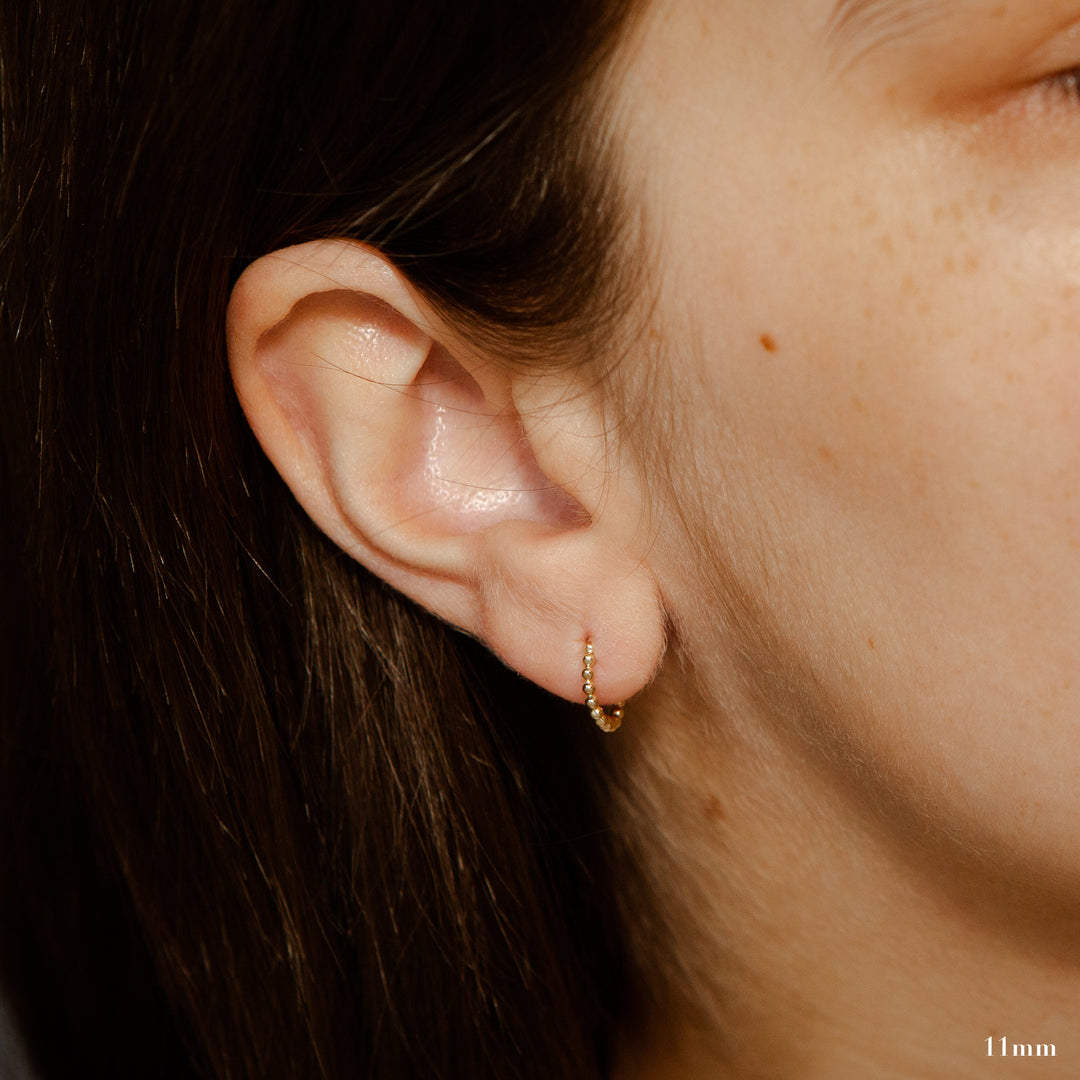 14K Yellow Gold 12mm Beaded Style Hoop Earrings — Lauren Peck Fine Jewelry