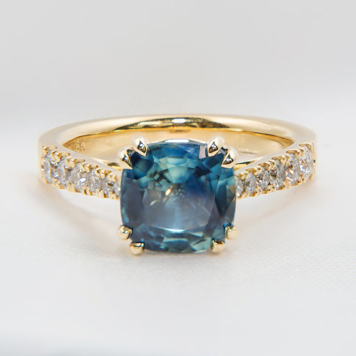 Cushion Sapphire Trellis Ring with Grey Diamonds in 18k Gold